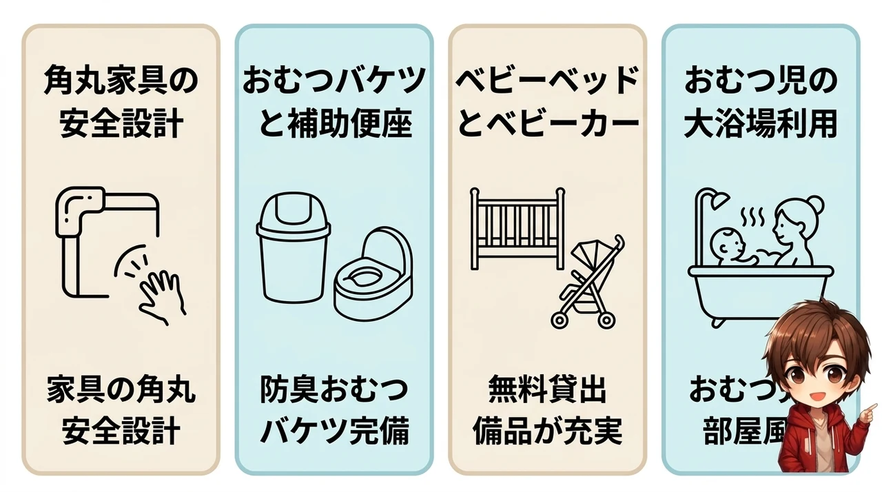 赤ちゃん連れでも安心！客室と貸出備品の充実度